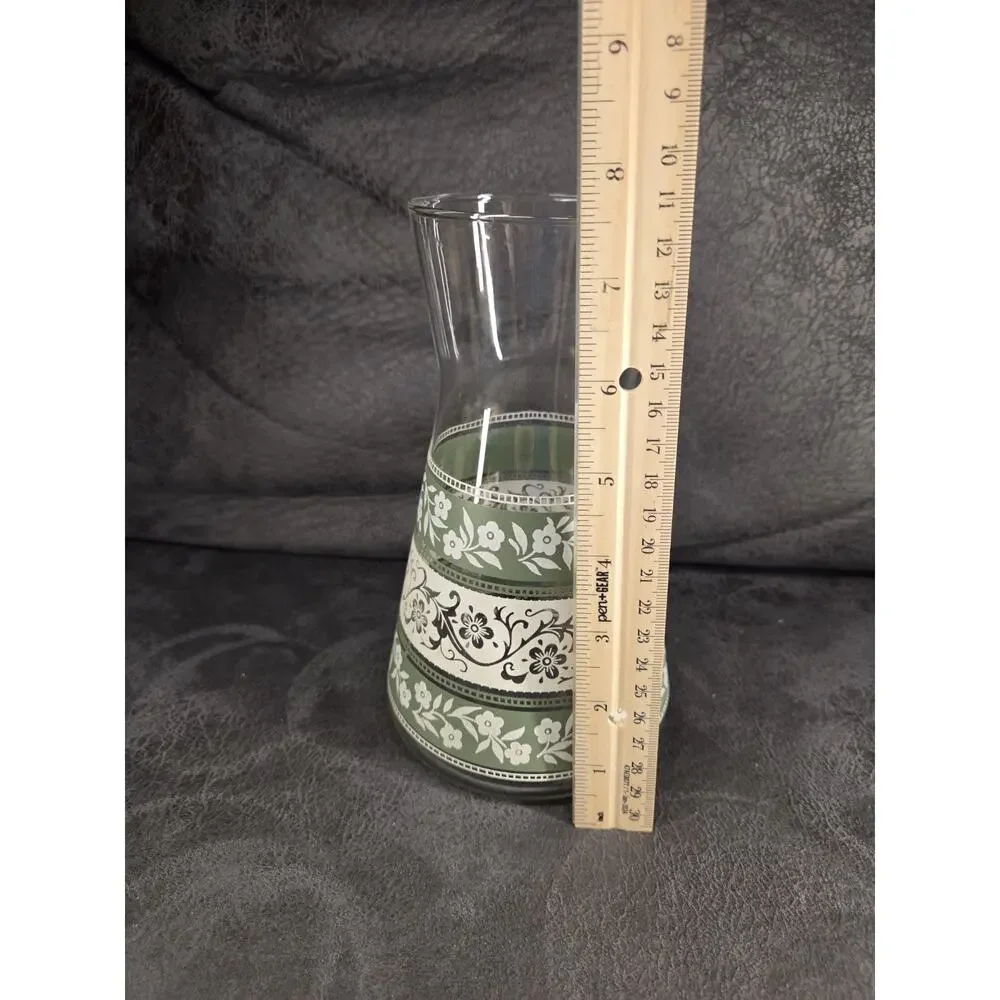 Vintage Mid-Century Glass Juice Carafe Green & White Floral Silver Bands 7.5